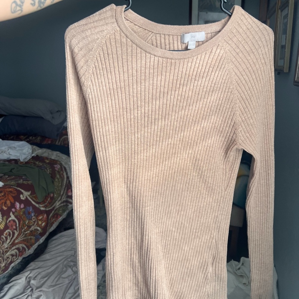 Beige Ribbed Long Sleeve Top